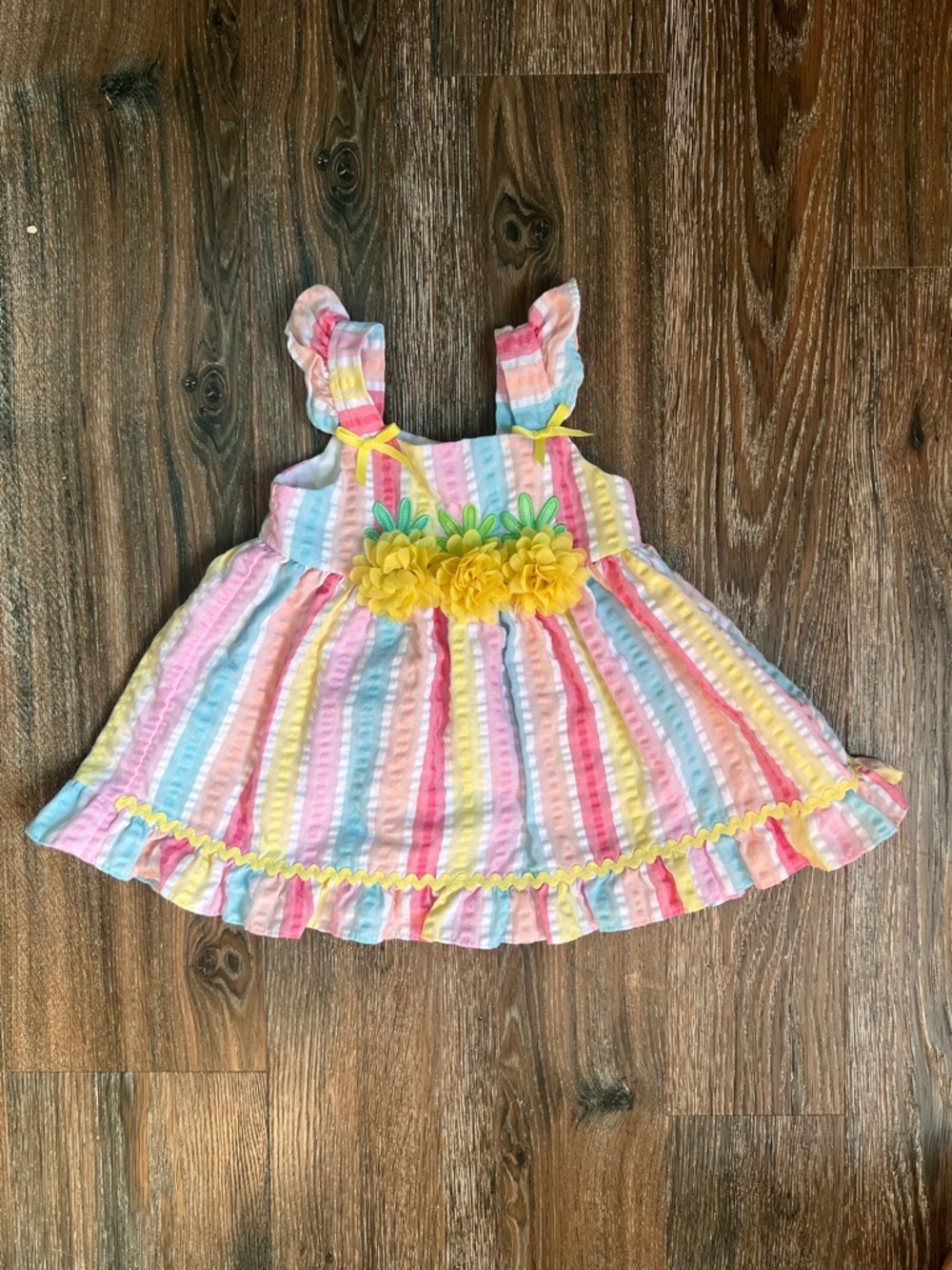 Good Lad Pastel Rainbow Stripe Spring Summer Sundress with Yellow Flower Accents